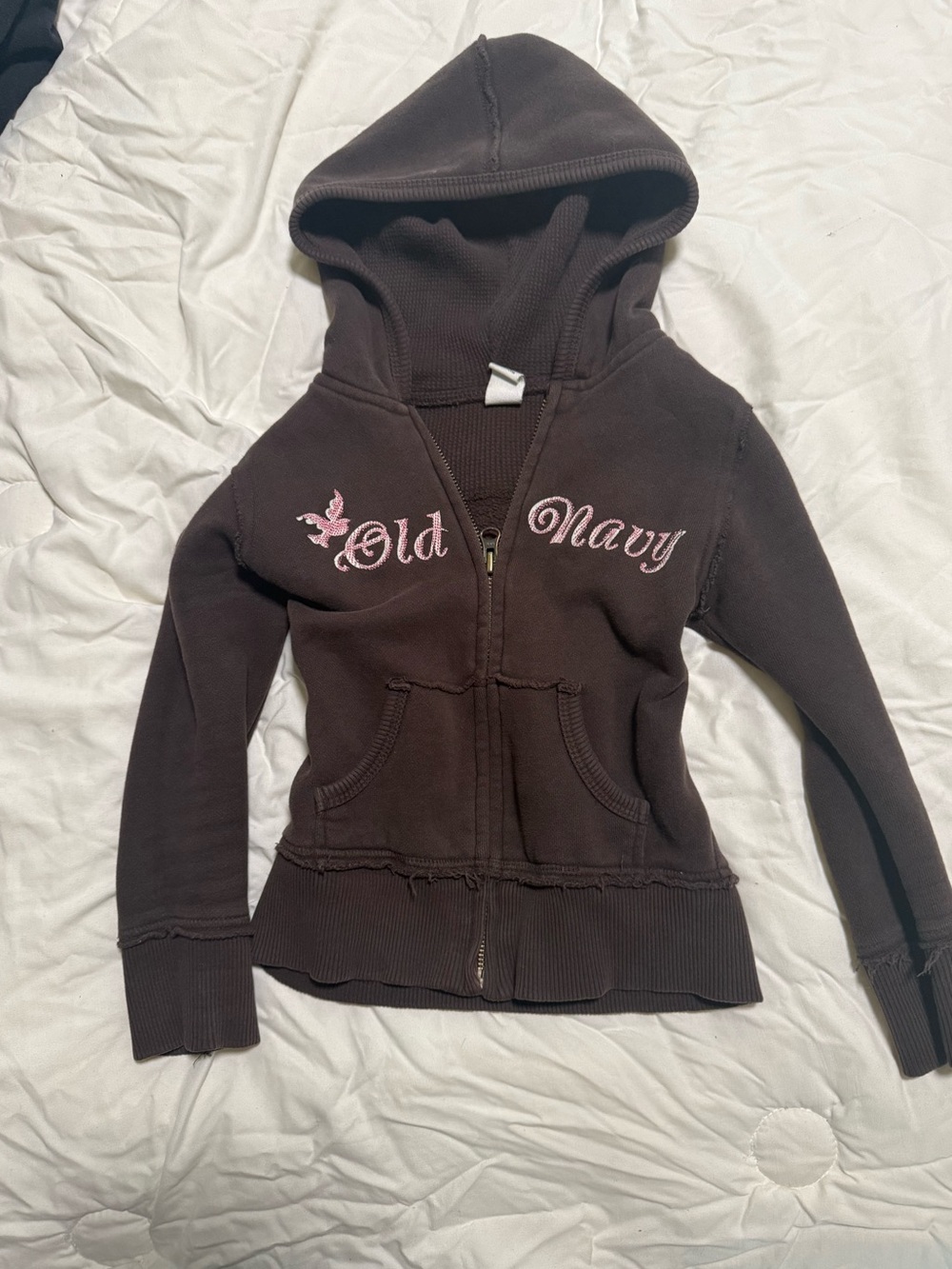 Vintage Old Navy Brown Hooded Zip-Up Jacket with Pink Embroidery